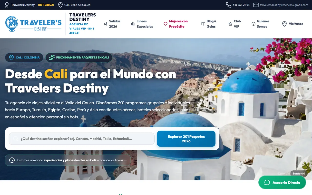 Así se ve travelersdestiny.com en un computador